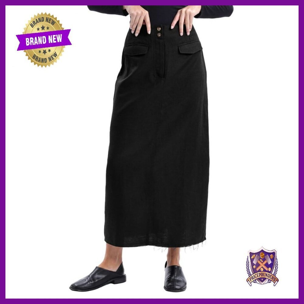 Linen High Waist A-Line Midi Skirt with Pockets Raw Hem Workwear
